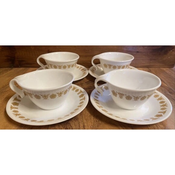 SET OF 4- CORELLE - BUTTERFLY GOLD - HOOK HANDLE COFFEE TEA CUPS & SAUCERS - Picture 1 of 4